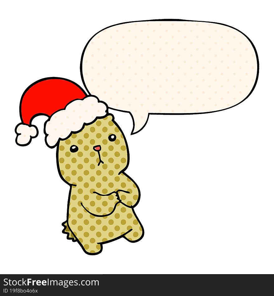 cartoon christmas bear worrying with speech bubble in comic book style