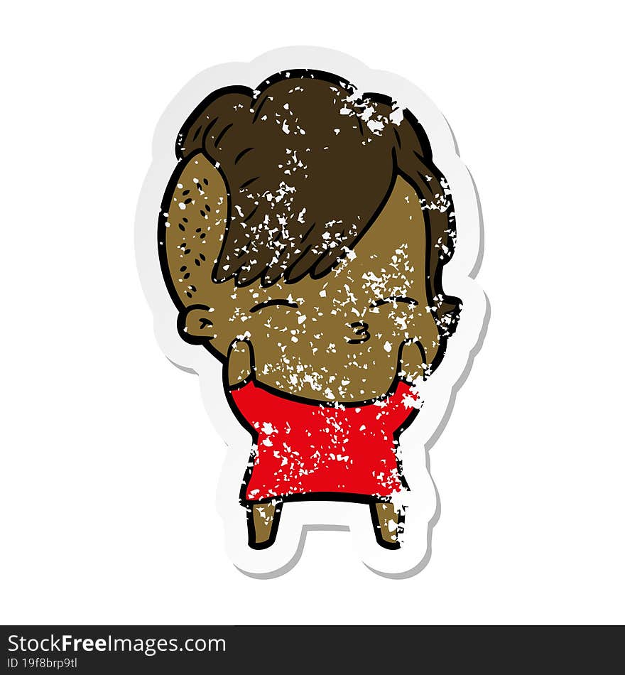 distressed sticker of a cartoon squinting girl