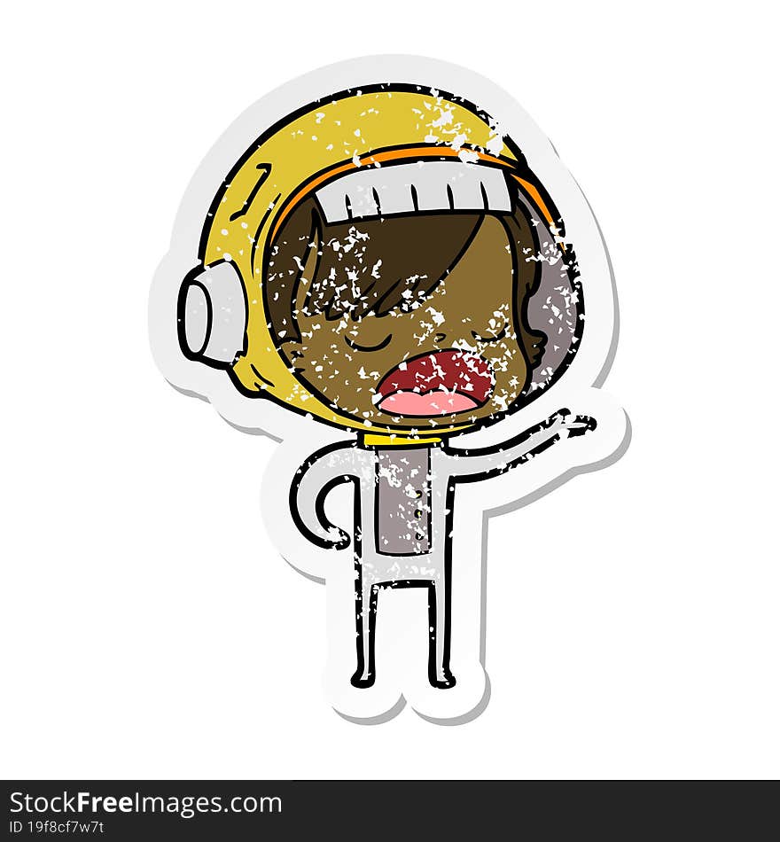 distressed sticker of a cartoon astronaut woman explaining