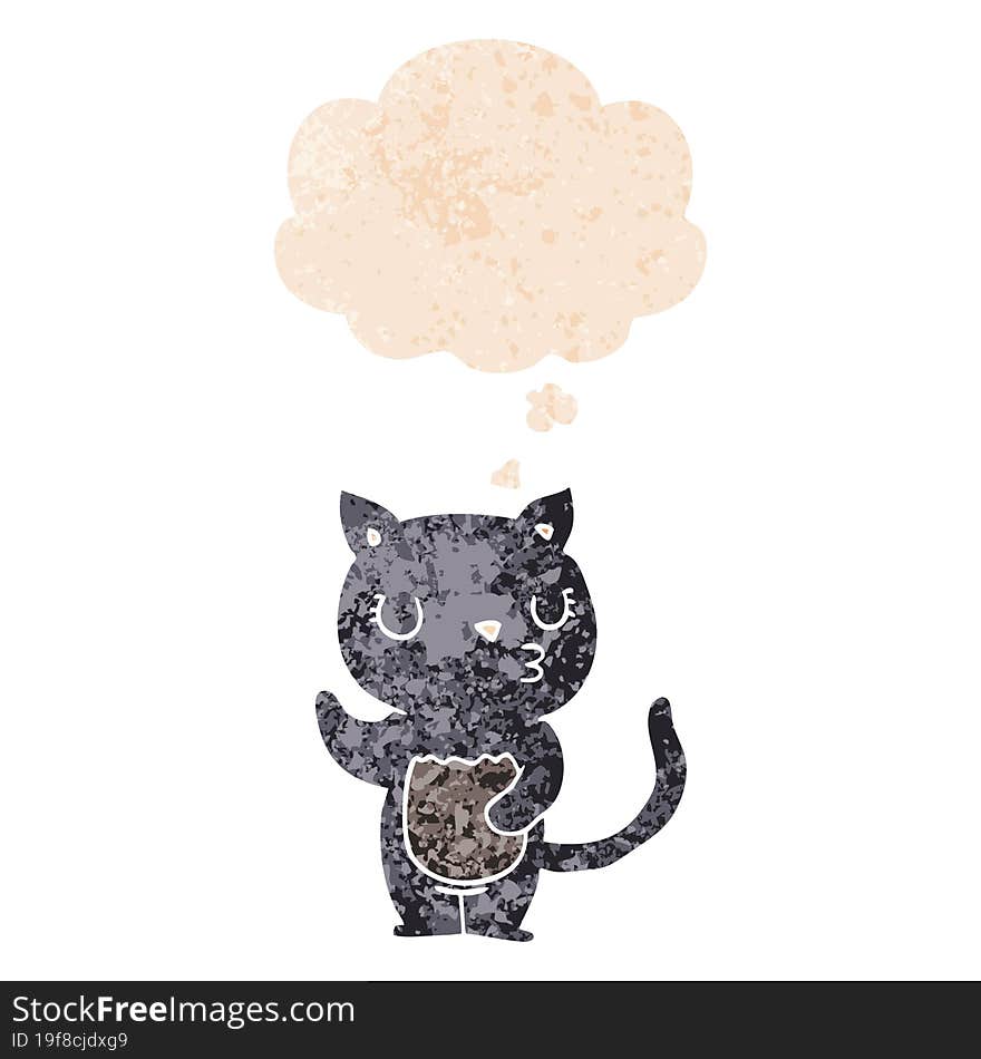 cute cartoon cat with thought bubble in grunge distressed retro textured style. cute cartoon cat with thought bubble in grunge distressed retro textured style