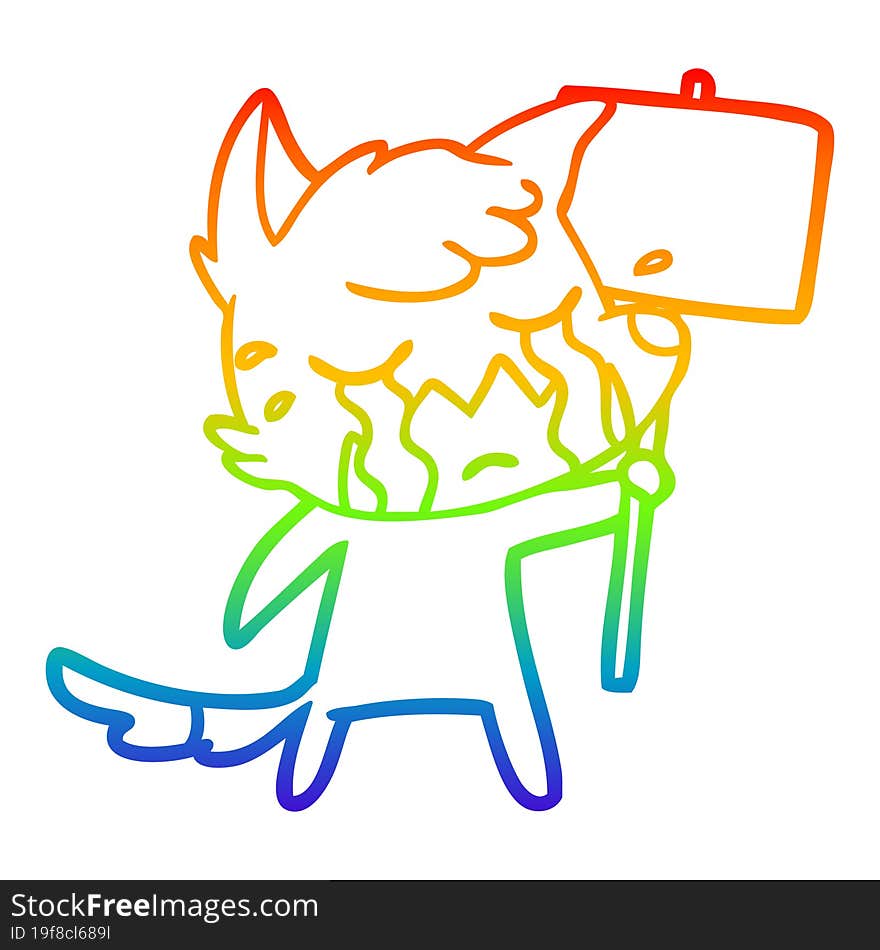 rainbow gradient line drawing crying fox cartoon with placard