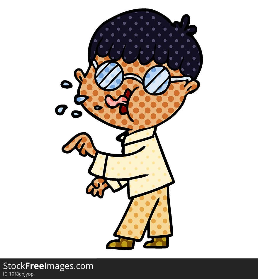 cartoon boy wearing spectacles and making point. cartoon boy wearing spectacles and making point