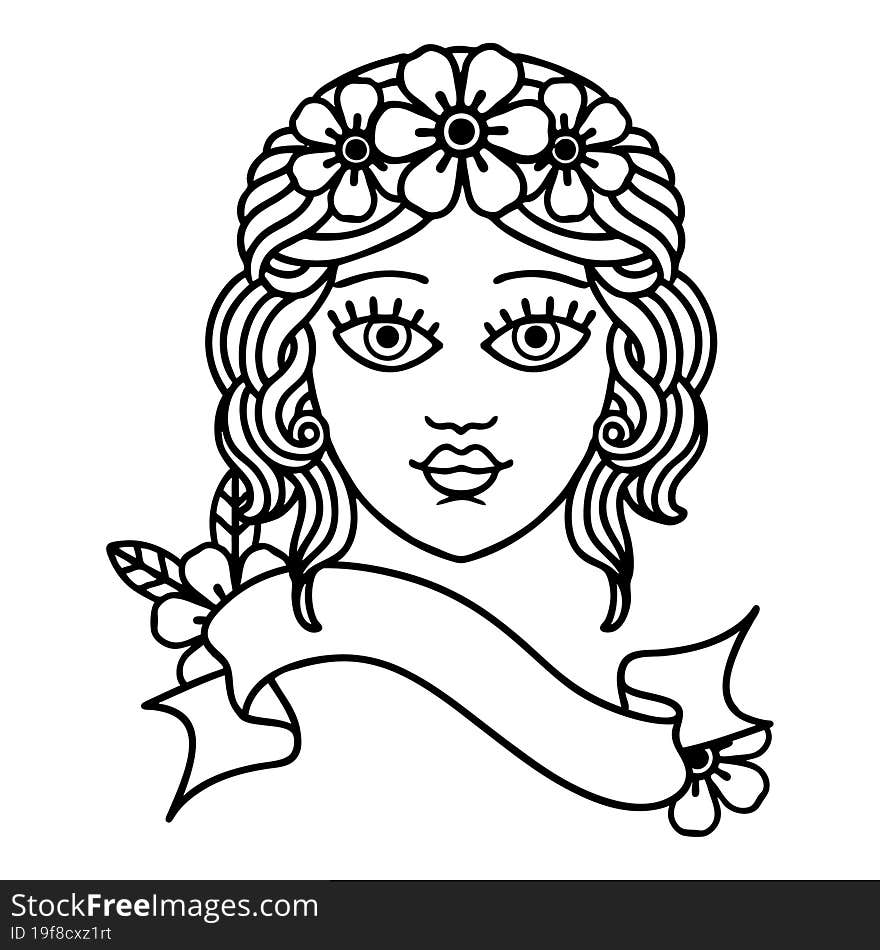 black linework tattoo with banner of female face with crown of flowers