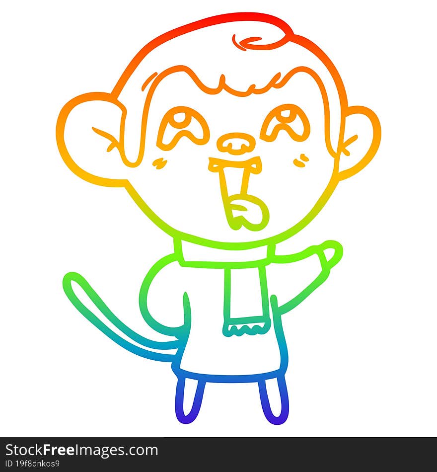 rainbow gradient line drawing crazy cartoon monkey wearing scarf