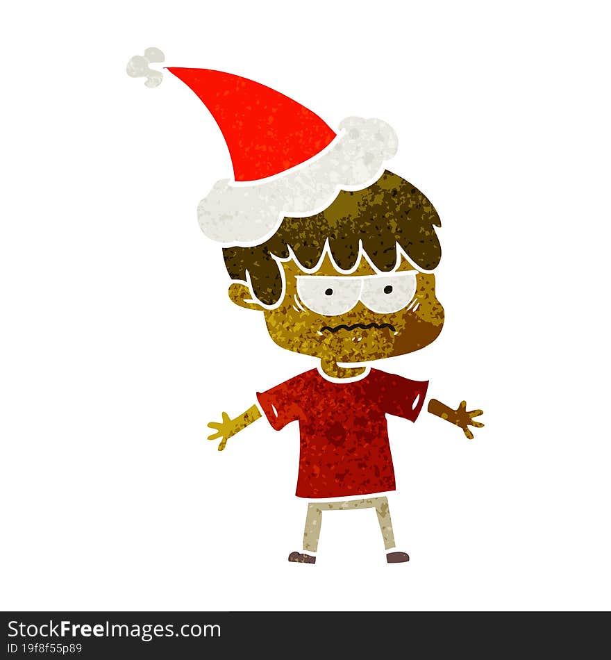 annoyed retro cartoon of a boy wearing santa hat