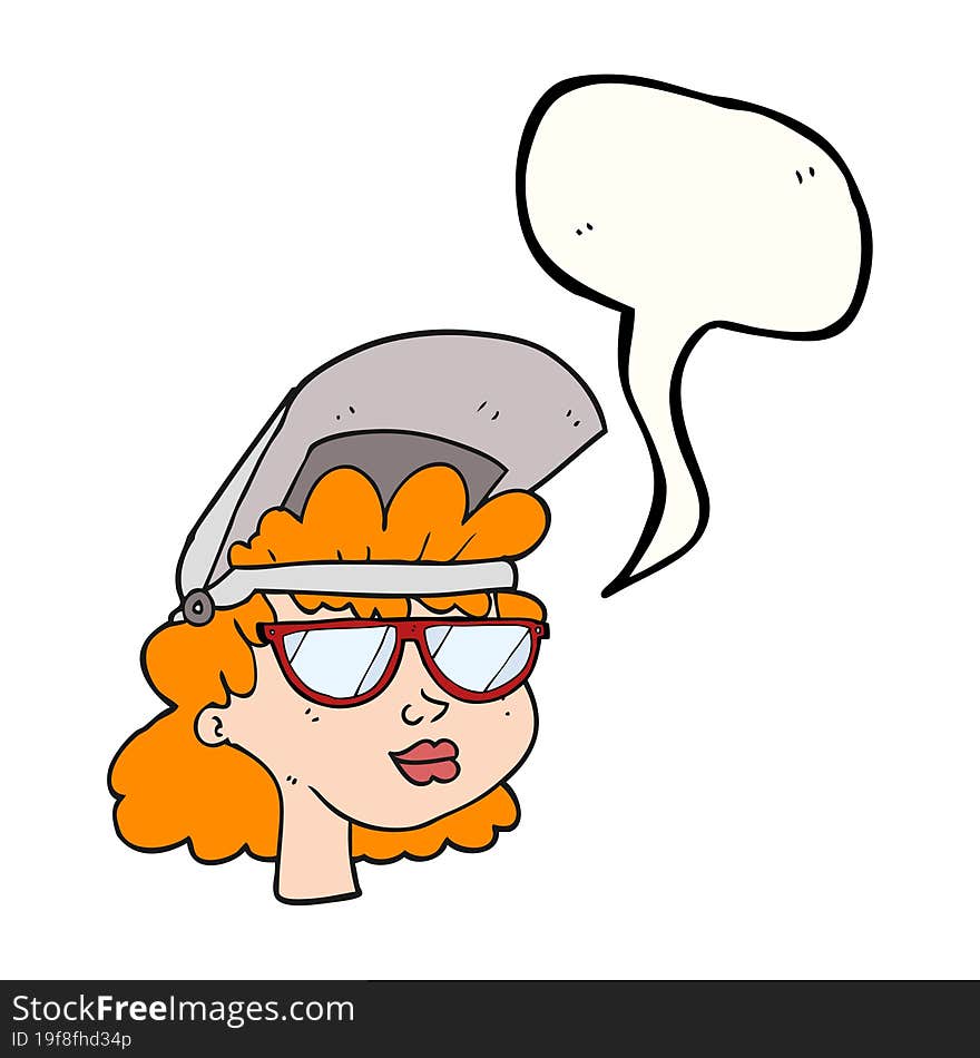 speech bubble cartoon woman with welding mask and glasses