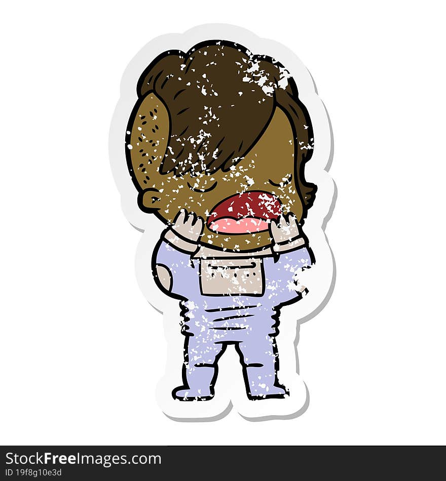 Distressed Sticker Of A Cartoon Cool Hipster Girl In Space Suit