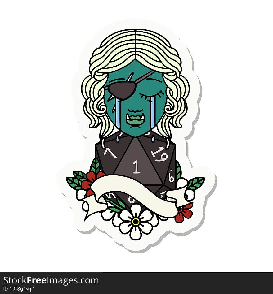 crying orc rogue character face with natural one d20 dice roll sticker