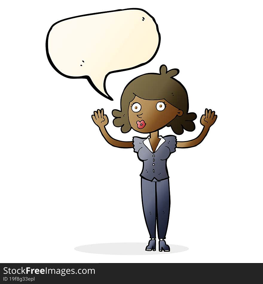 cartoon woman surrendering with speech bubble