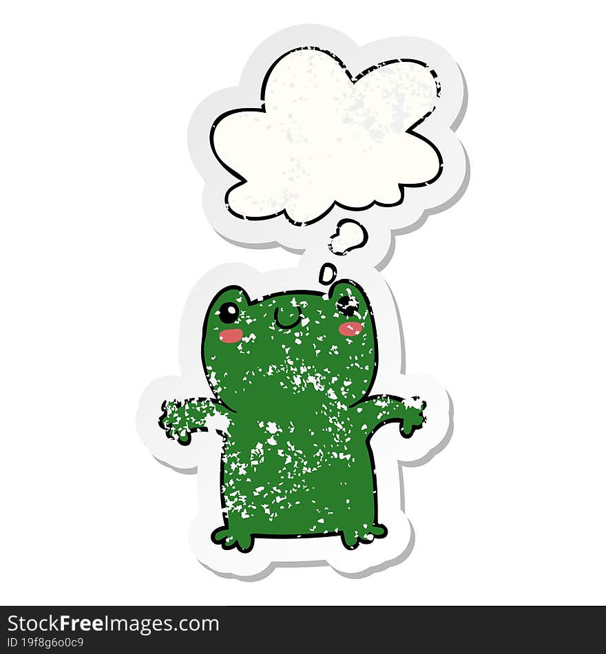 cartoon frog and thought bubble as a distressed worn sticker