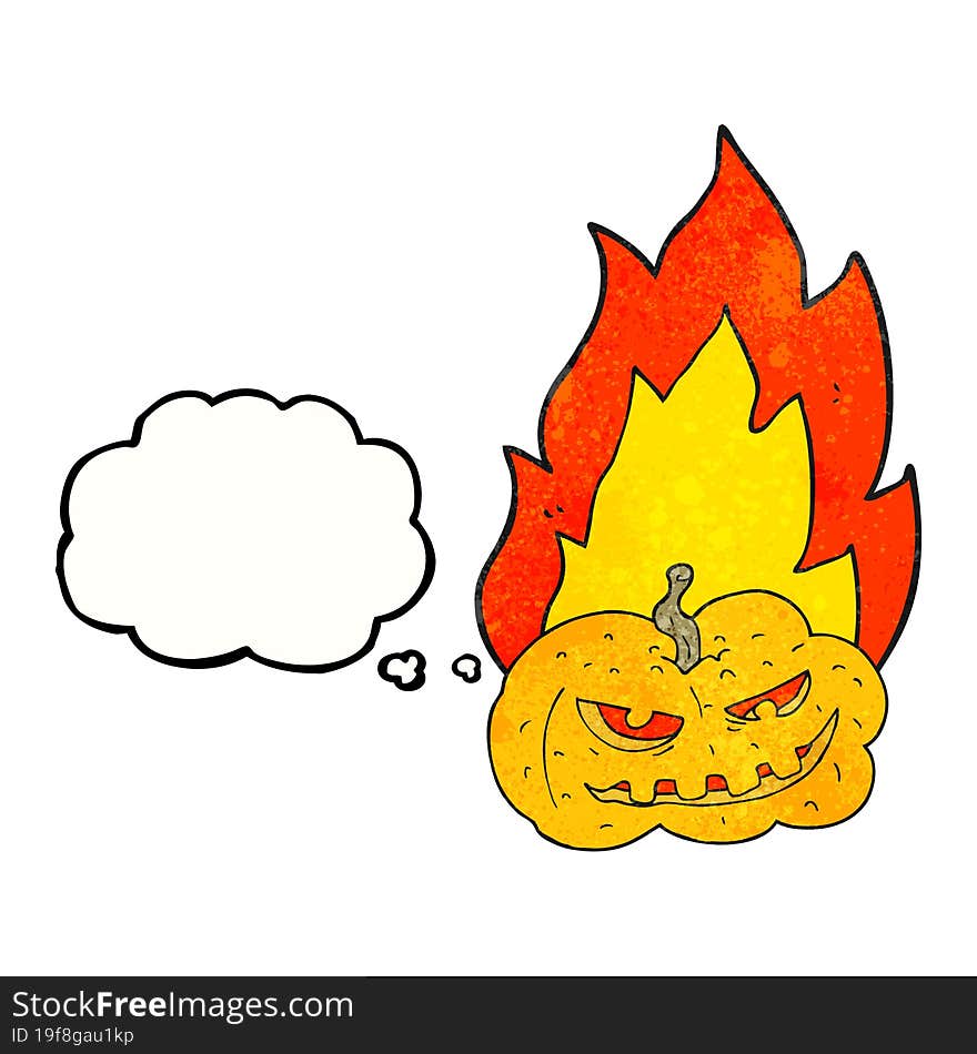 freehand drawn thought bubble textured cartoon flaming halloween pumpkin