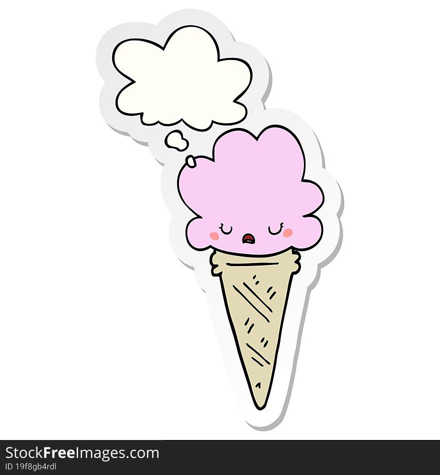 cartoon ice cream with face with thought bubble as a printed sticker