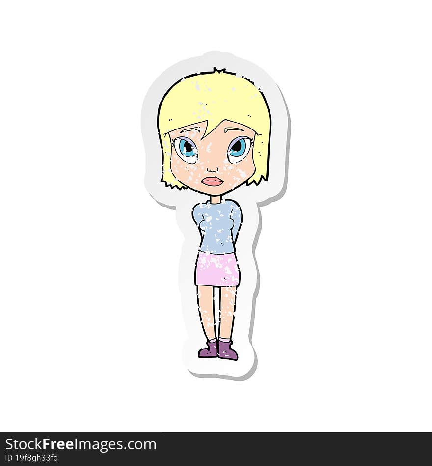 retro distressed sticker of a cartoon shy girl