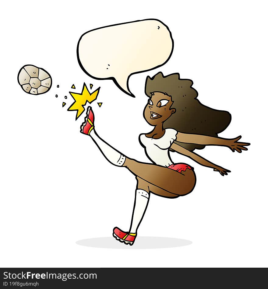 cartoon female soccer player kicking ball with speech bubble