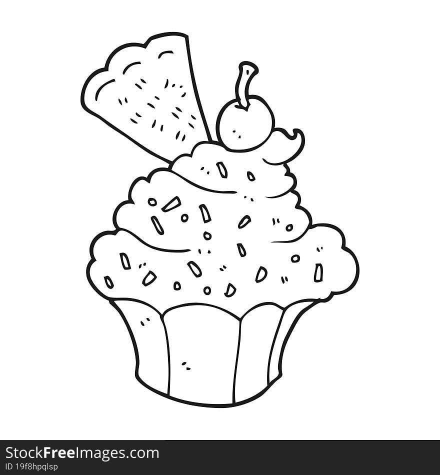 freehand drawn black and white cartoon cupcake