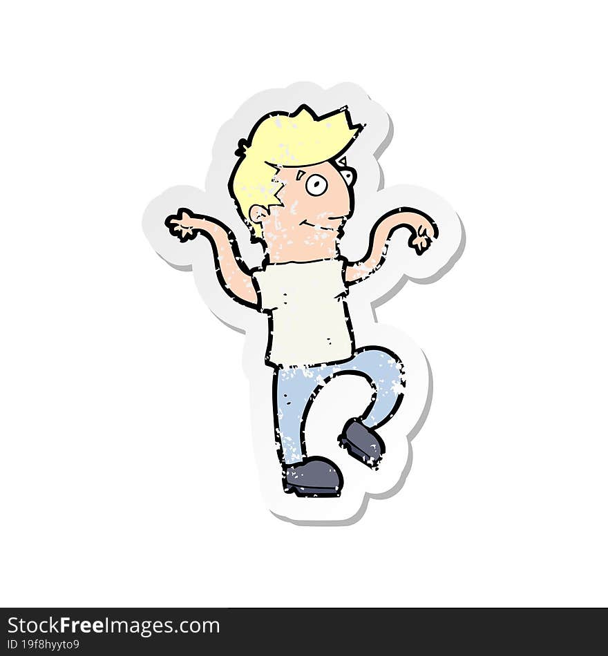 retro distressed sticker of a cartoon happy man doing funny dance