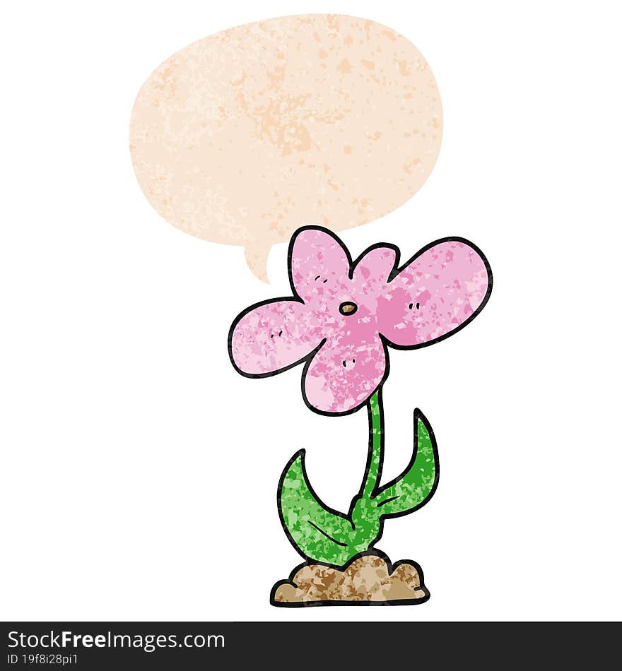 cartoon flower and speech bubble in retro textured style