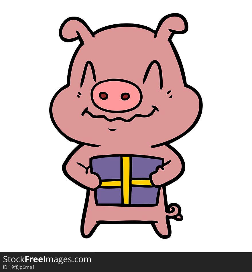 nervous cartoon pig with present. nervous cartoon pig with present