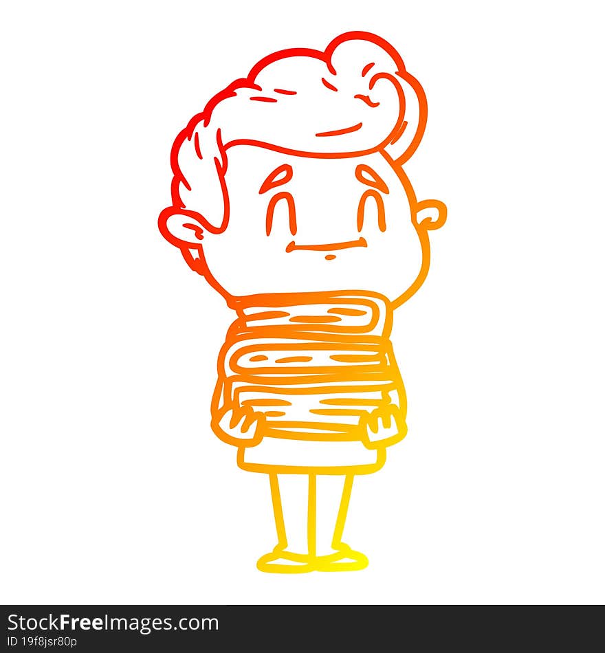 warm gradient line drawing happy cartoon man with stack of new books