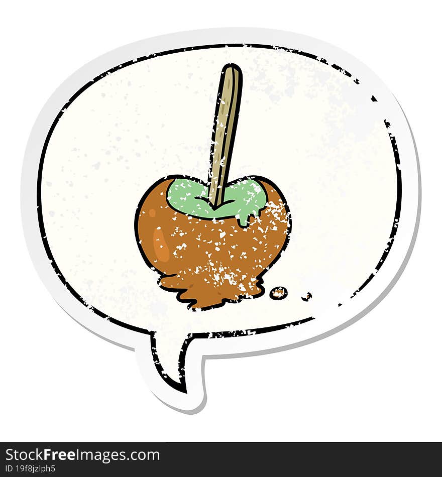 cartoon toffee apple with speech bubble distressed distressed old sticker. cartoon toffee apple with speech bubble distressed distressed old sticker