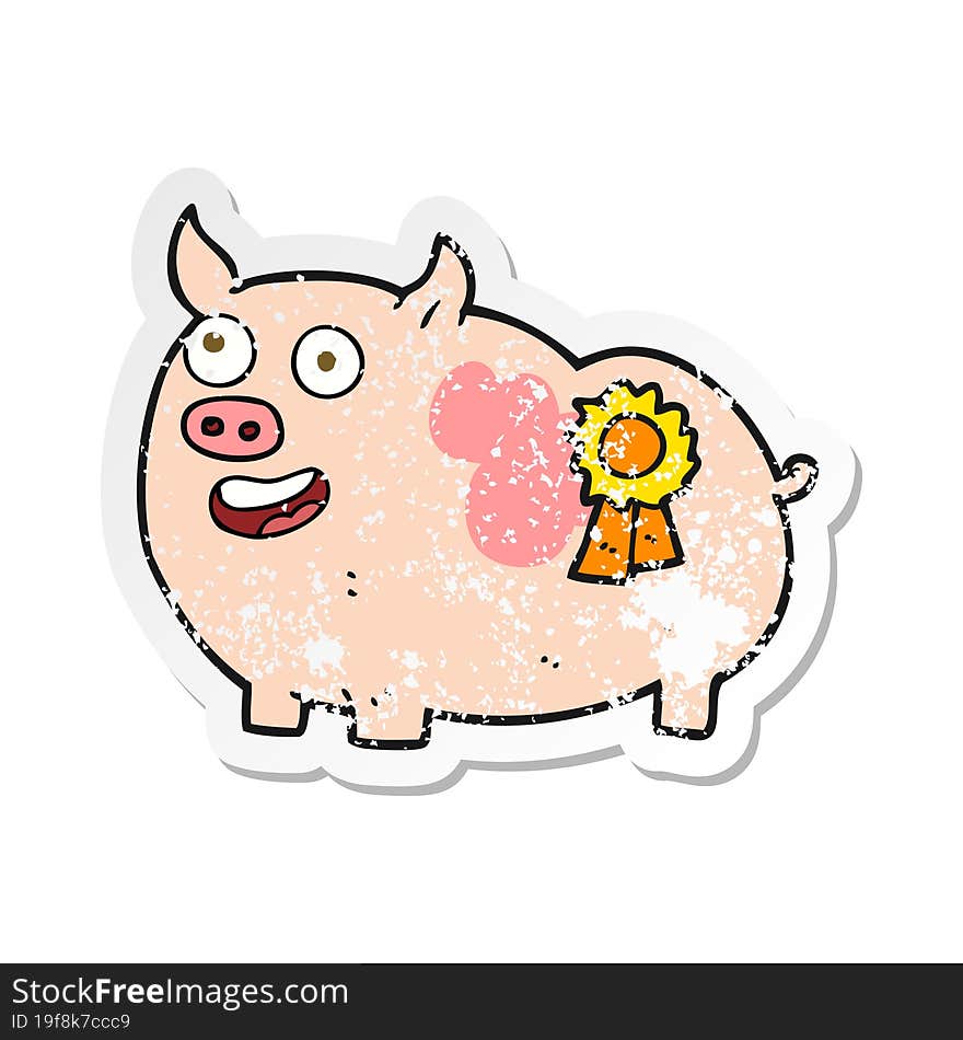 retro distressed sticker of a cartoon prize winning pig