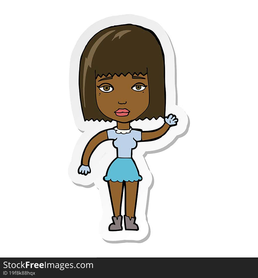 sticker of a cartoon waving woman