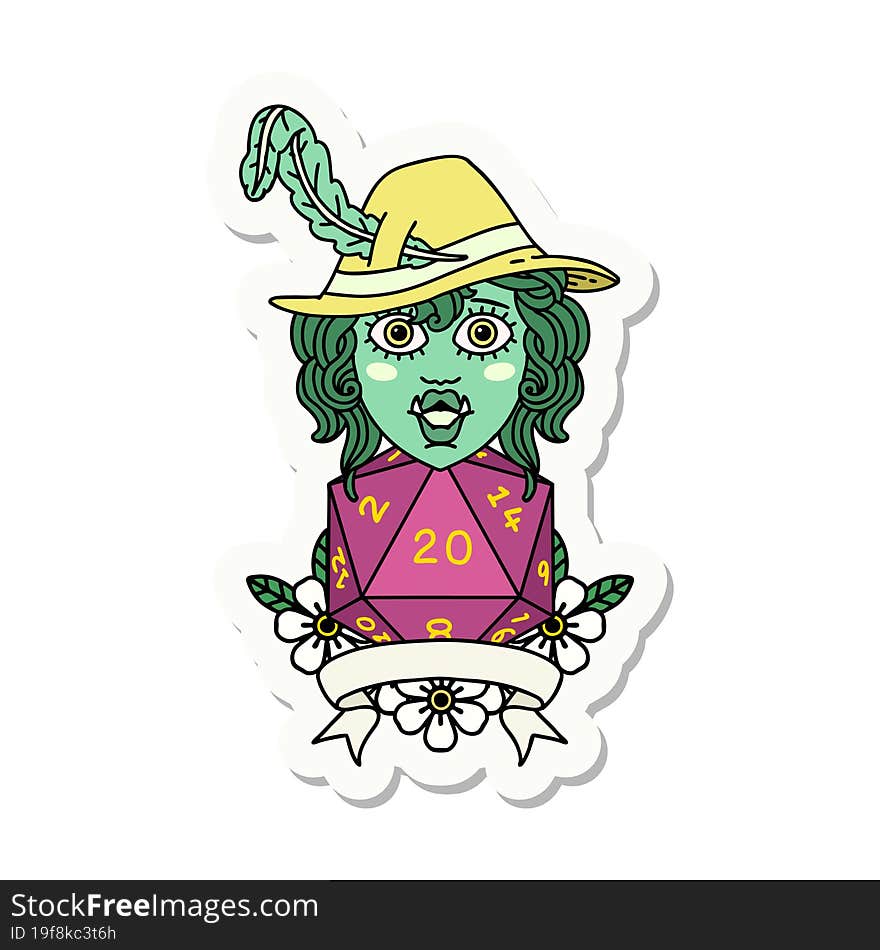 half orc bard with natural 20 dice roll sticker