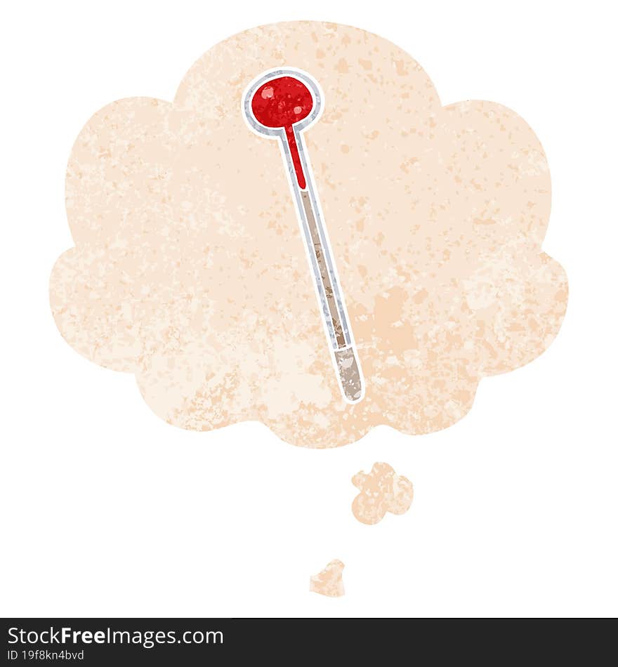 cartoon thermometer and thought bubble in retro textured style