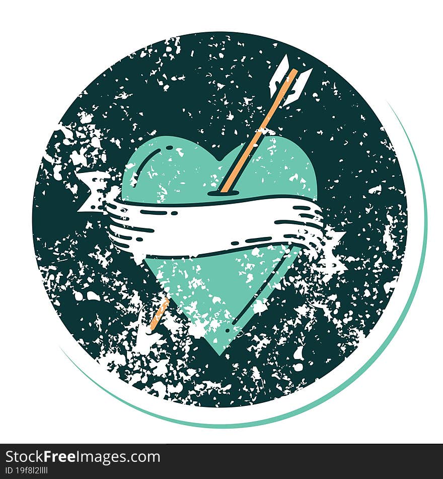 distressed sticker tattoo style icon of an arrow heart and banner