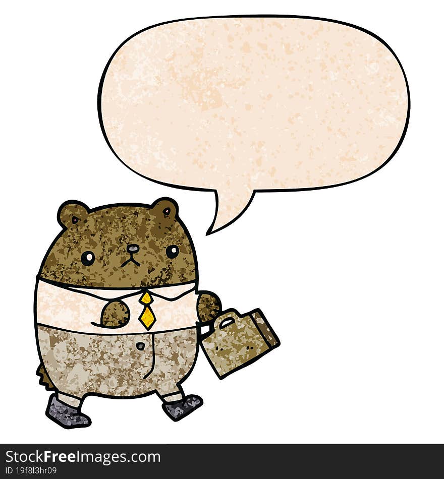 cartoon bear in work clothes and speech bubble in retro texture style