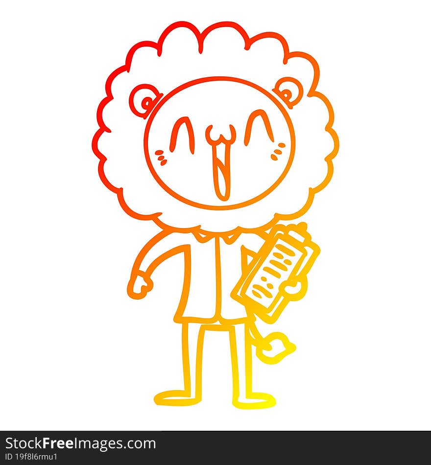 warm gradient line drawing of a happy cartoon lion