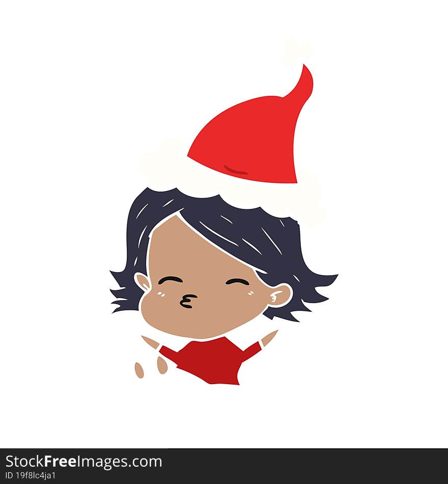 Flat Color Illustration Of A Woman Sitting Wearing Santa Hat