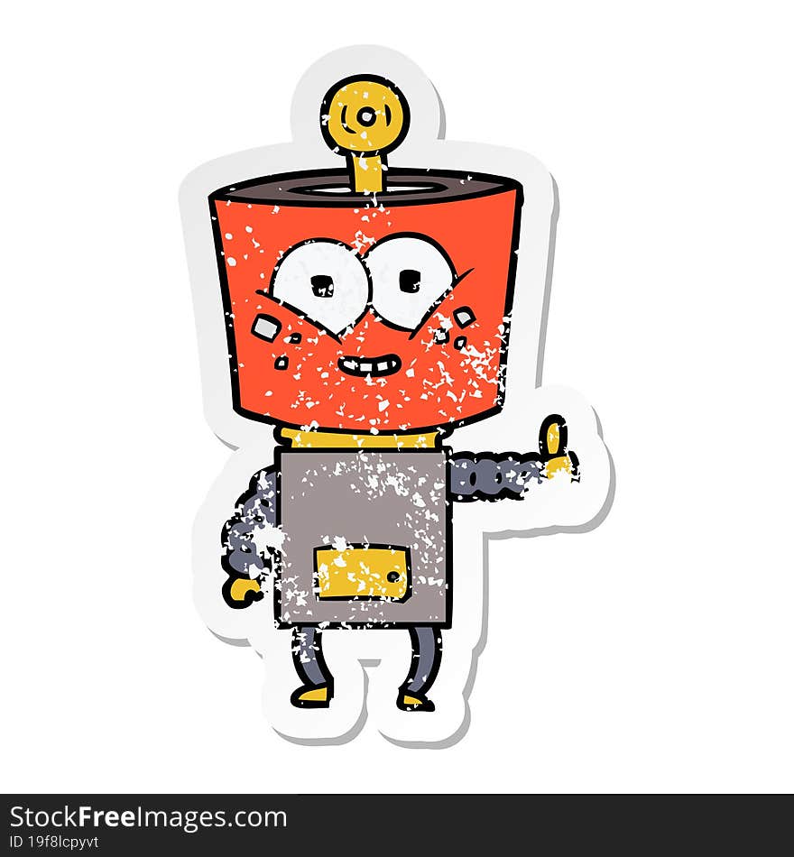 distressed sticker of a happy cartoon robot giving thumbs up