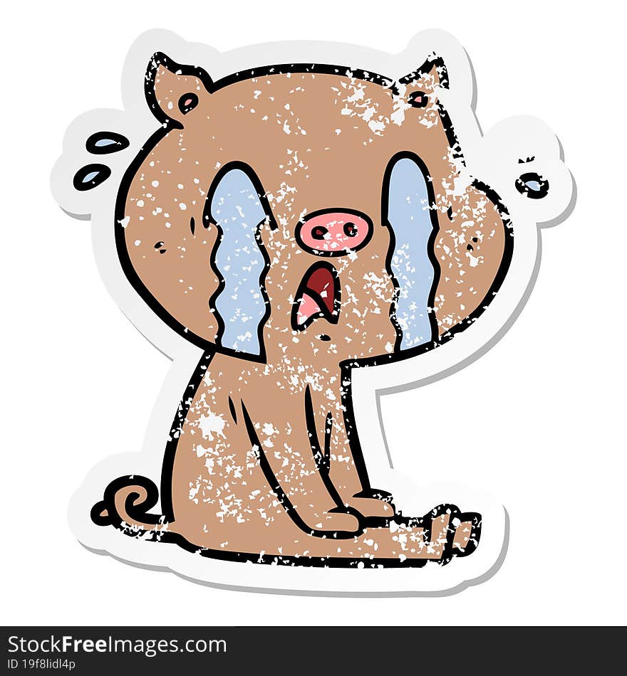 distressed sticker of a crying pig cartoon