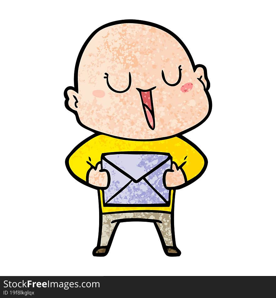 happy cartoon bald man with package. happy cartoon bald man with package