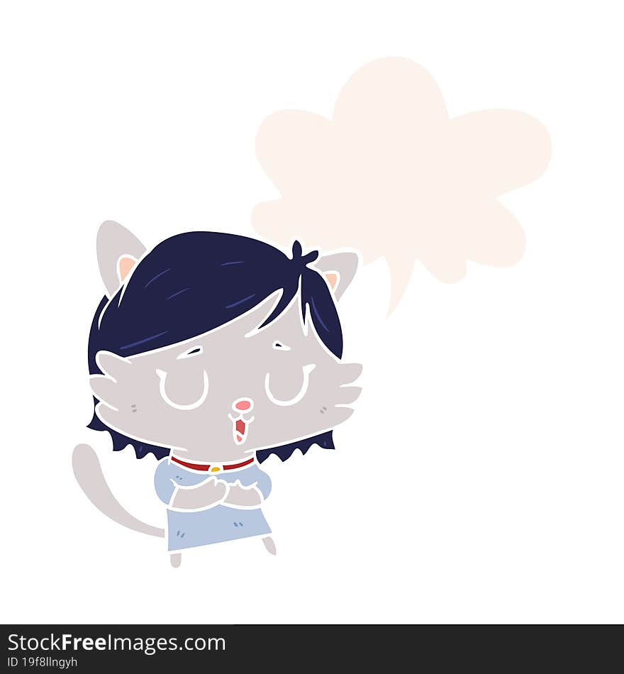 cartoon cat girl with speech bubble in retro style