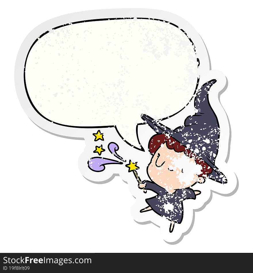 cute cartoon witch casting spell and speech bubble distressed sticker