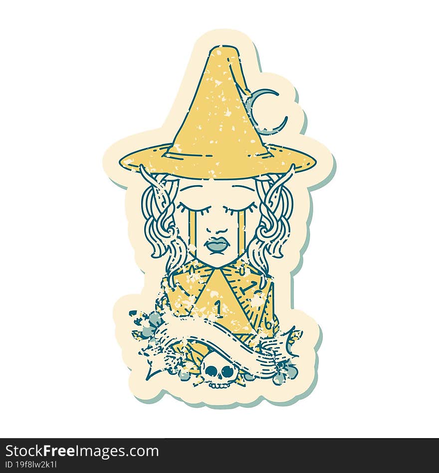 crying elf mage character face with natural one D20 roll illustration