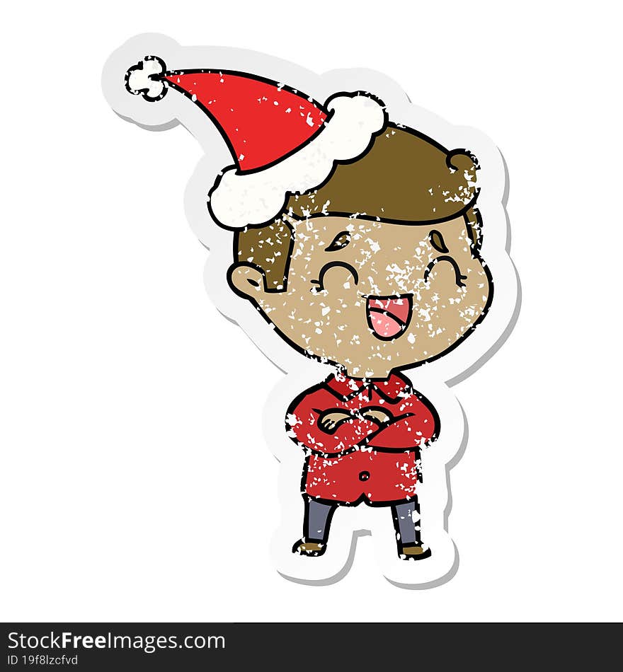 hand drawn distressed sticker cartoon of a laughing man wearing santa hat