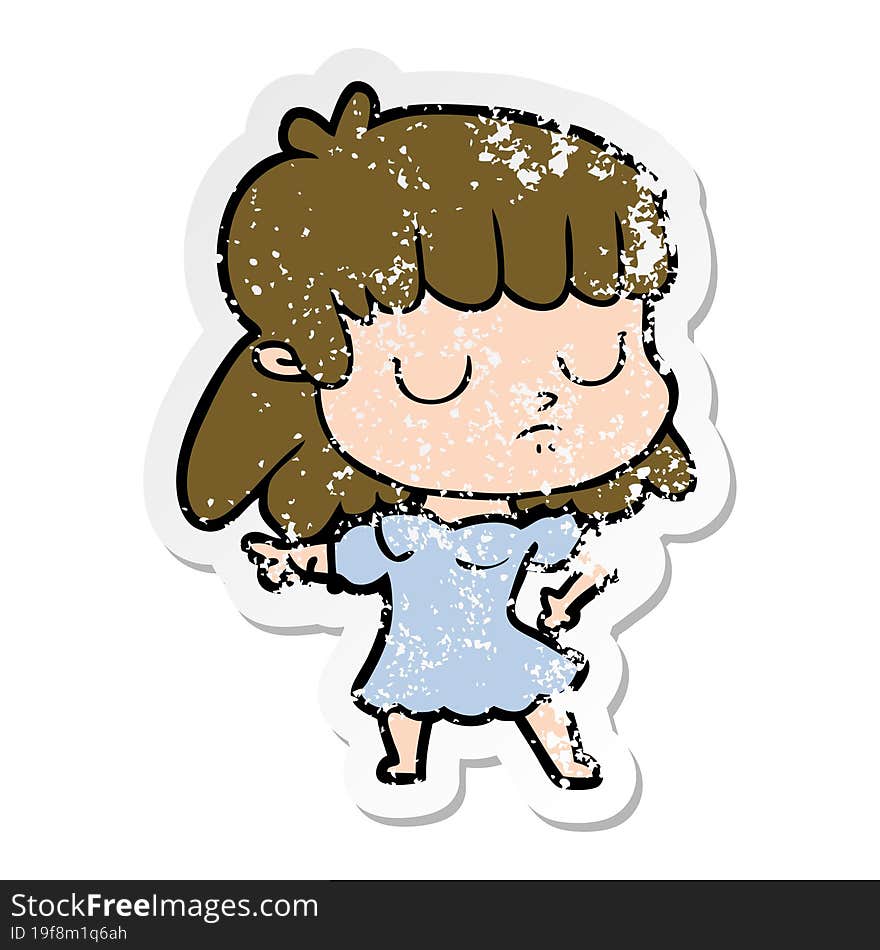 distressed sticker of a cartoon indifferent woman