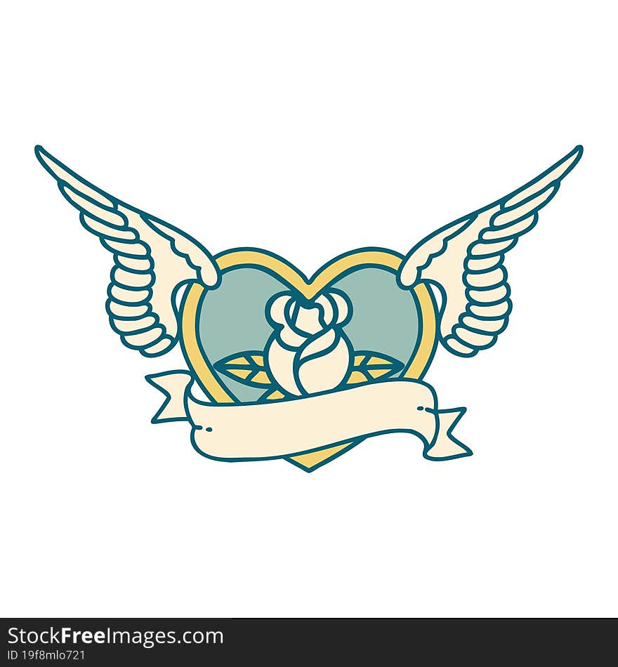 Tattoo Style Icon Of A Flying Heart With Flowers And Banner