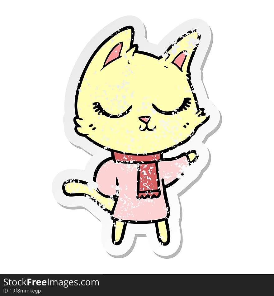 distressed sticker of a calm cartoon cat wearing scarf