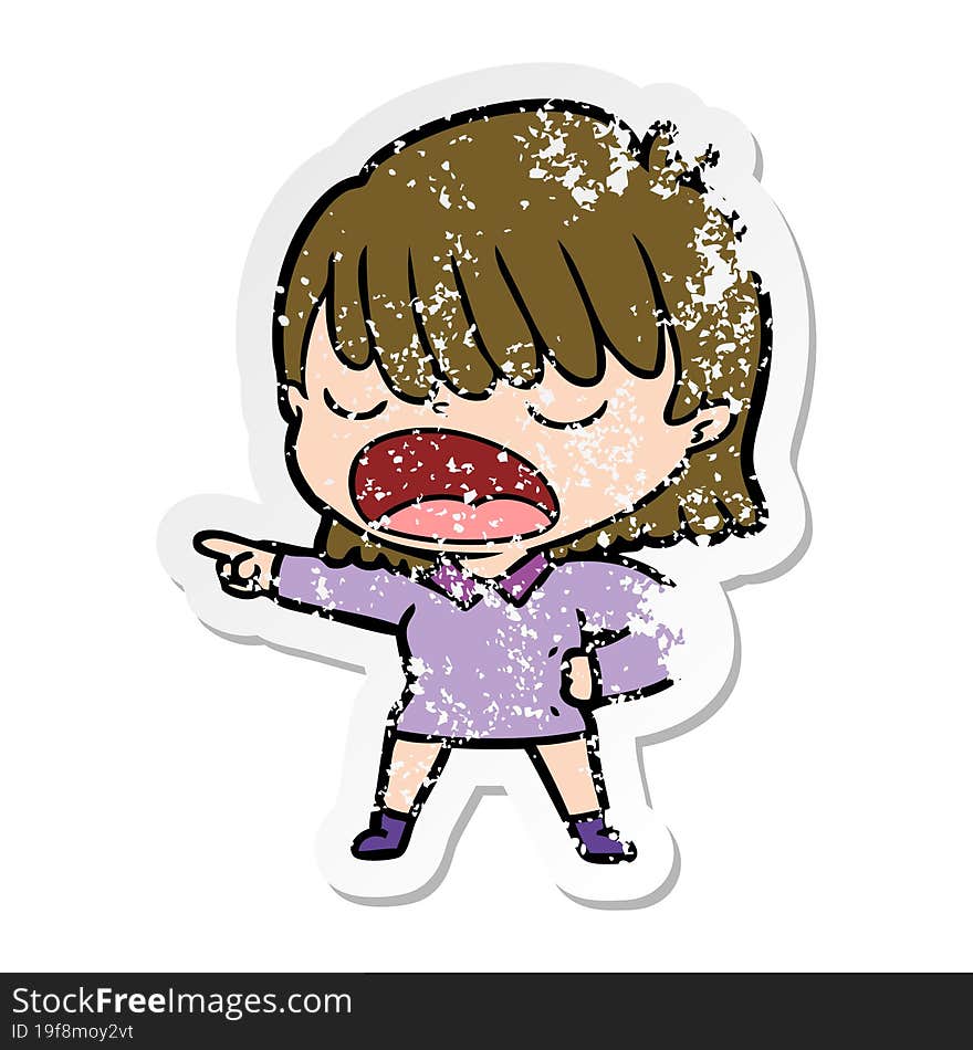 Distressed Sticker Of A Cartoon Woman Talking Loudly