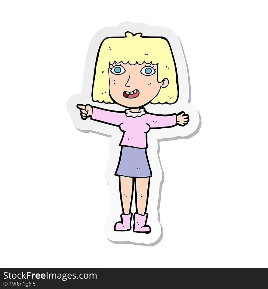 Sticker Of A Cartoon Happy Woman Pointing