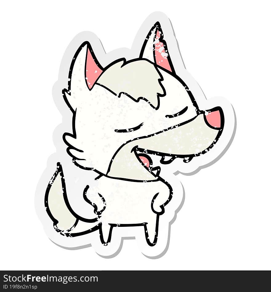 distressed sticker of a cartoon wolf laughing