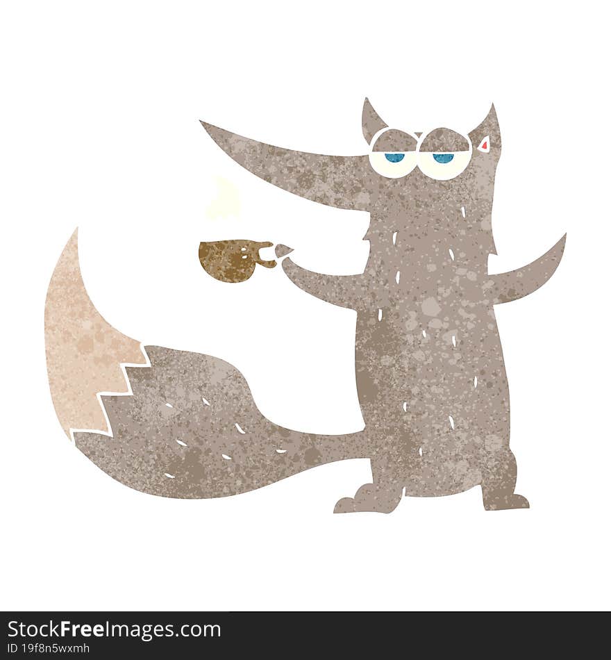 freehand retro cartoon wolf with coffee cup