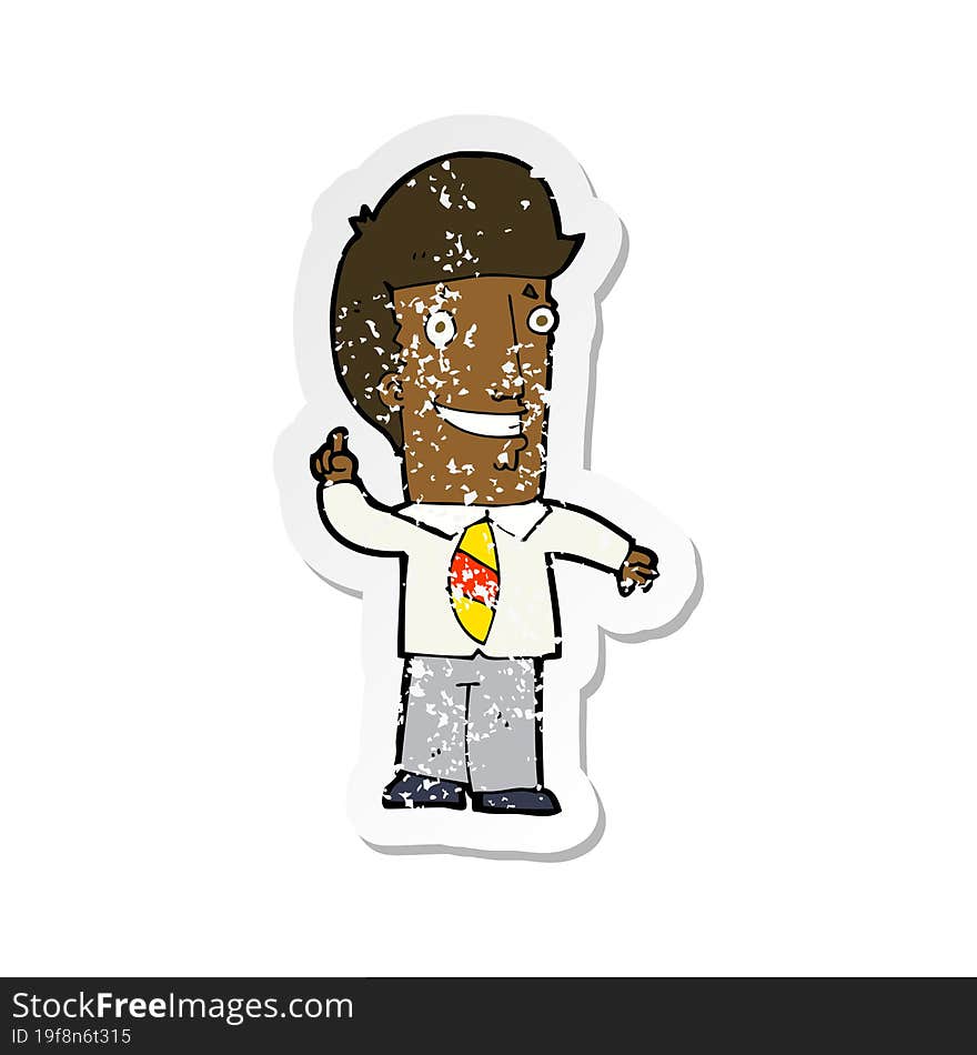 Retro Distressed Sticker Of A Cartoon Office Man With Idea