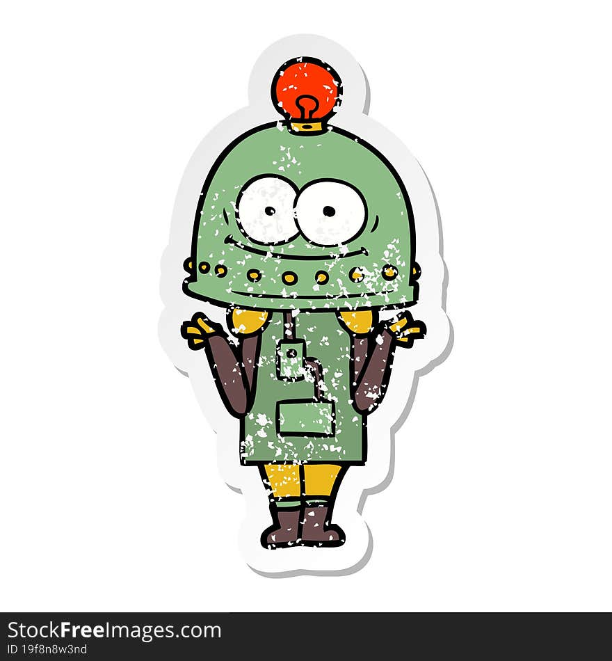 distressed sticker of a happy carton robot with light bulb