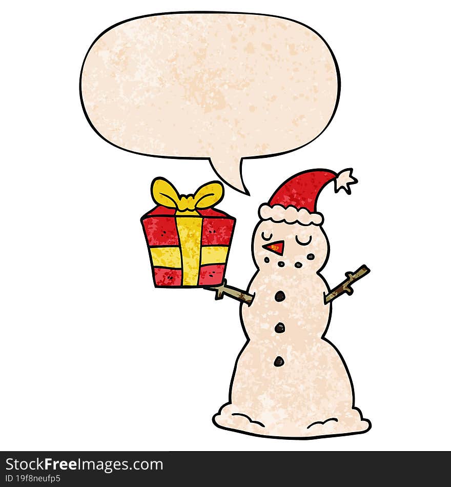 cartoon snowman with present with speech bubble in retro texture style. cartoon snowman with present with speech bubble in retro texture style