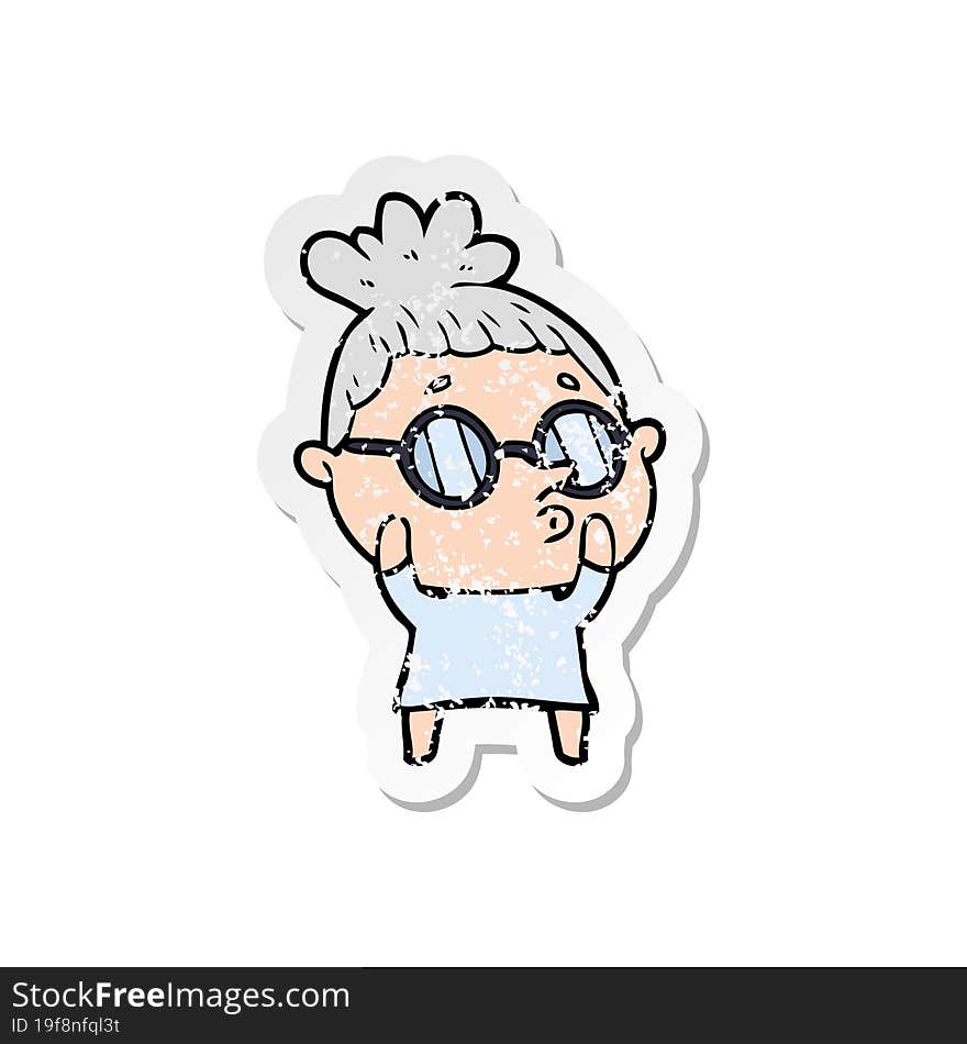 Distressed Sticker Of A Cartoon Woman Wearing Glasses